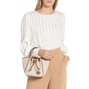 Tory Burch McGraw Mini Canvas Drawstring Satchel Crossbody Bag Natural Brown